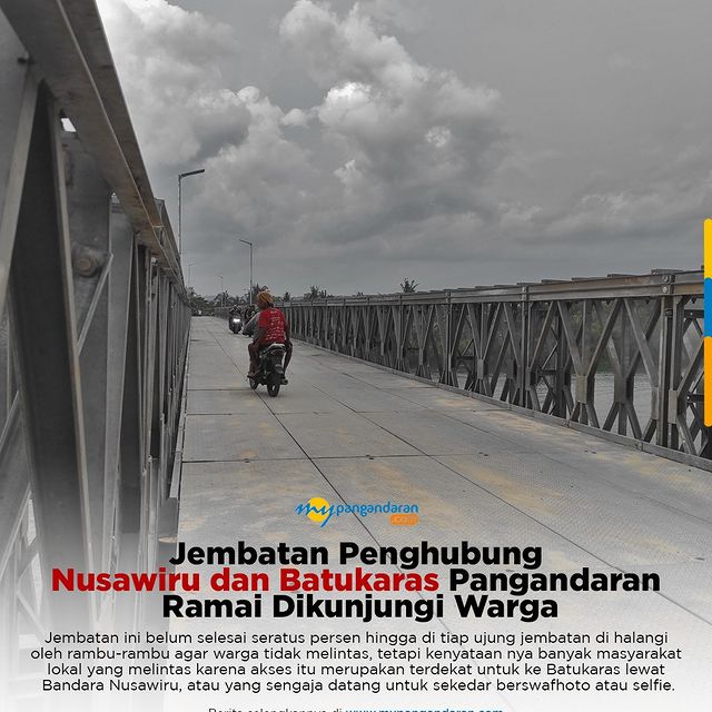 Jembatan Penghubung Nusawiru dan Batukaras Pangandaran Ramai Dikunjungi Warga
==
Jembatan ini belum selesai seratus persen hingga di tiap ujung jembatan di ...