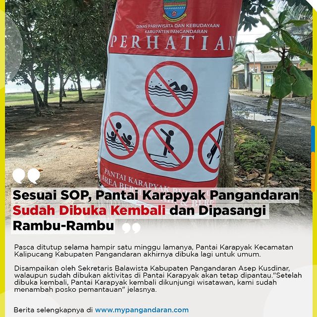 Sesuai SOP, Pantai Karapyak Pangandaran Sudah Dibuka Kembali dan Dipasangi Rambu-Rambu
==
Pasca ditutup selama hampir satu minggu lamanya, Pantai Karapyak Kecamatan ...