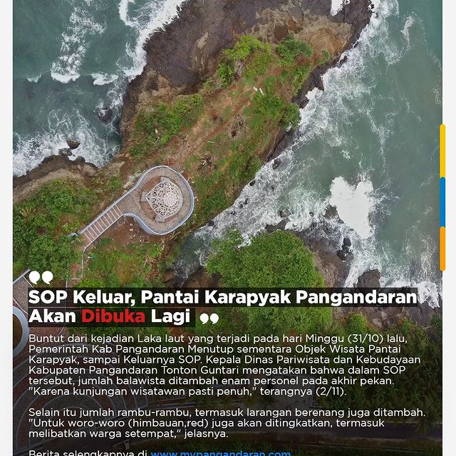 SOP Keluar, Pantai Karapyak Kab Pangandaran Akan Dibuka Lagi
==
Buntut dari kejadian Laka laut yang terjadi pada hari Minggu (31/10) lalu, ...