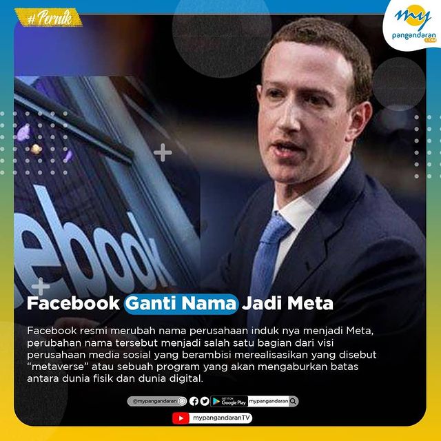 Facebook Ganti Nama Jadi Meta
==
Facebook resmi mengubah nama perusahaan induknya menjadi Meta pada Kamis (28/10/2021). Perubahan nama tersebut diumumkan CEO ...